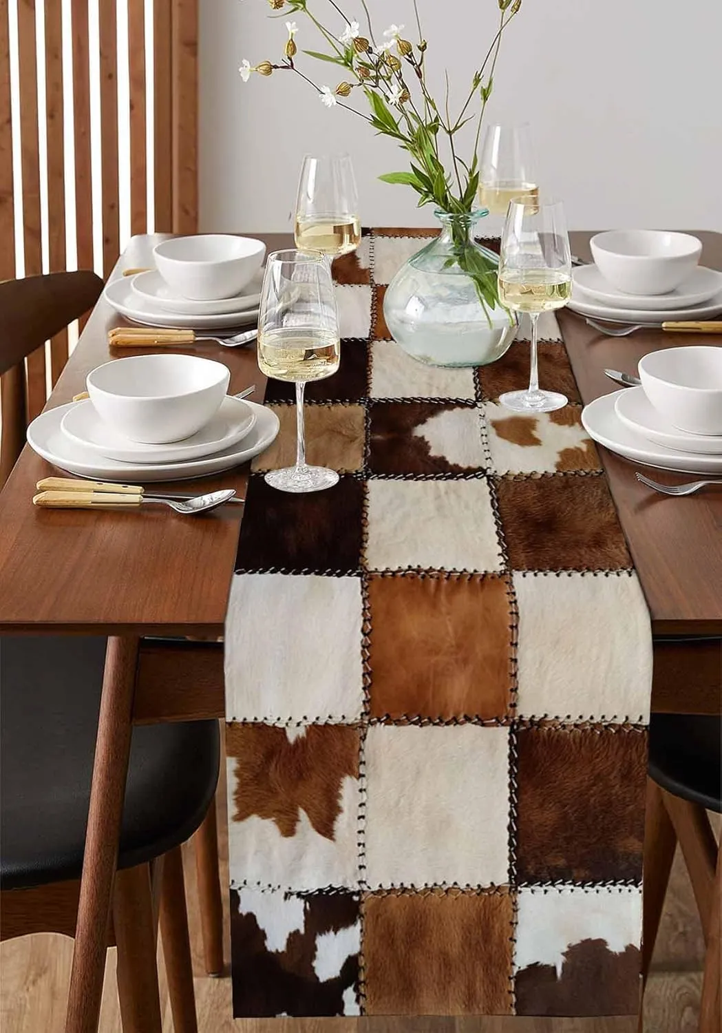Animal Print Table Runner Cow Patchwork Art Brown Farmhouse Table Runners Dresser Scarves Kitchen Dining Table Decoration for Home Farmhouse Party Holidays 13"x72"