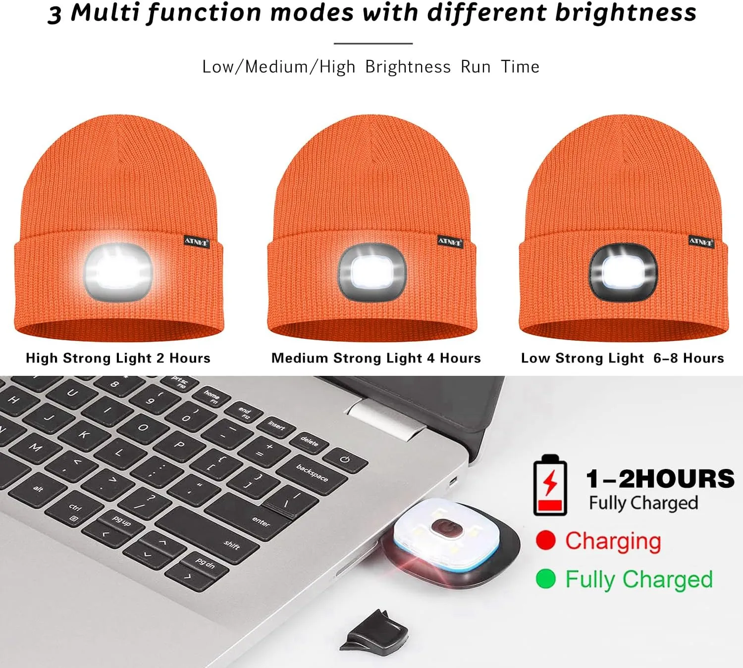 ATNKE LED Beanie with The Light, Unisex USB Rechargeable 4 LED Running Headlamp Bright Caps Gifts for Men Dad and Women