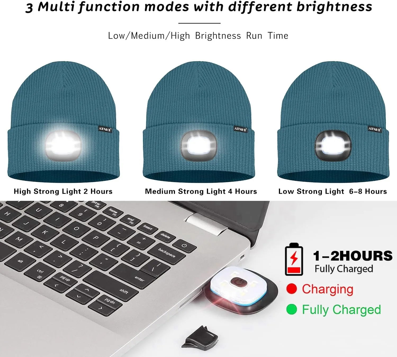 ATNKE LED Beanie with The Light, Unisex USB Rechargeable 4 LED Running Headlamp Bright Caps Gifts for Men Dad and Women