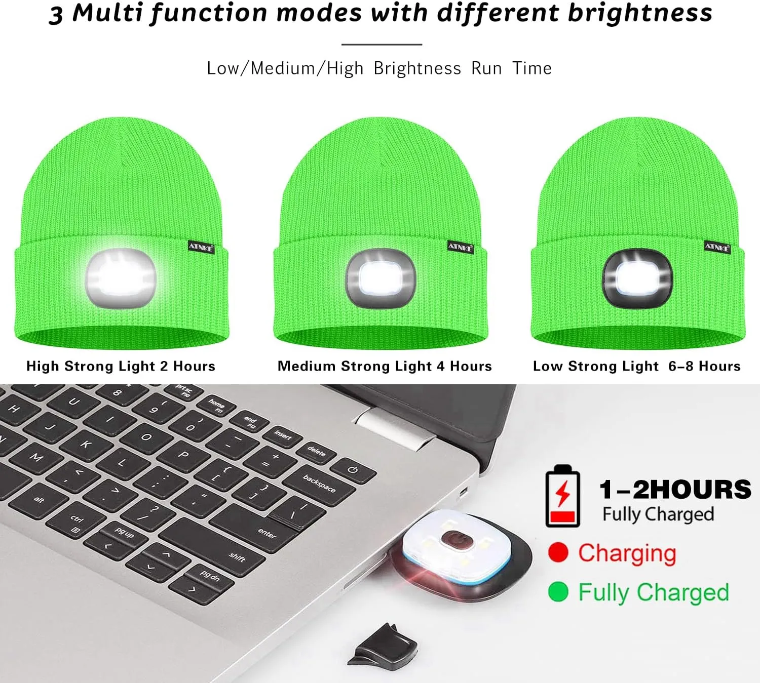 ATNKE LED Beanie with The Light, Unisex USB Rechargeable 4 LED Running Headlamp Bright Caps Gifts for Men Dad and Women