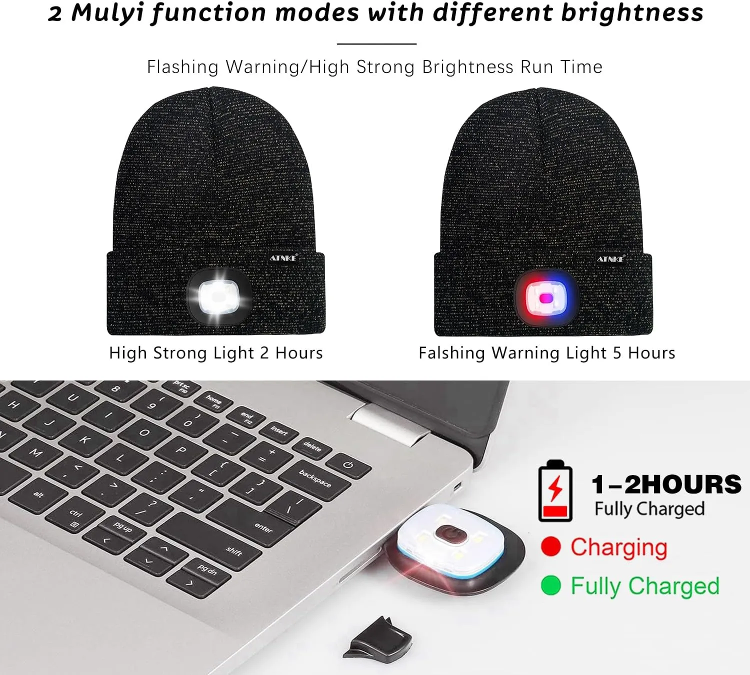ATNKE LED Lighted Beanie Hat,USB Rechargeable 4 LED Red and Blue Flashed Run Headlamp Lined Fleece Cap for Men and Women
