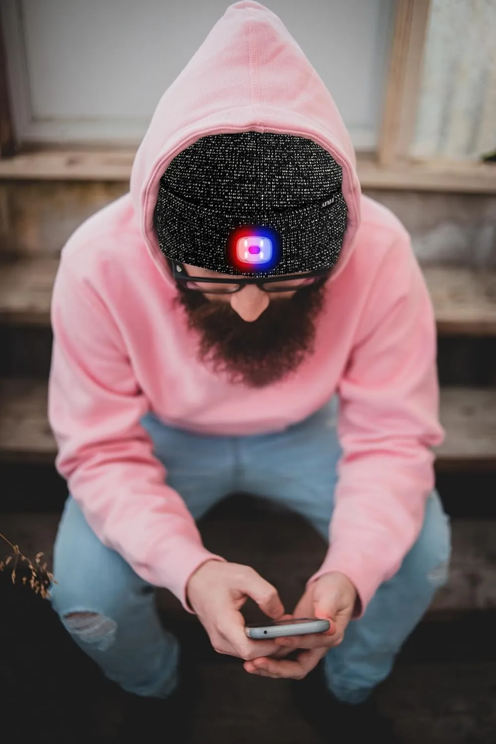 ATNKE LED Lighted Beanie Hat,USB Rechargeable 4 LED Red and Blue Flashed Run Headlamp Lined Fleece Cap for Men and Women