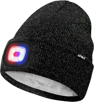 ATNKE LED Lighted Beanie Hat,USB Rechargeable 4 LED Red and Blue Flashed Run Headlamp Lined Fleece Cap for Men and Women