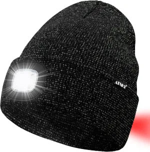 ATNKE LED Lighted Beanie Hat,USB Rechargeable 8 LED Red Glow Flashing Alarm Running Headlamp Cap Gifts for Men and Women
