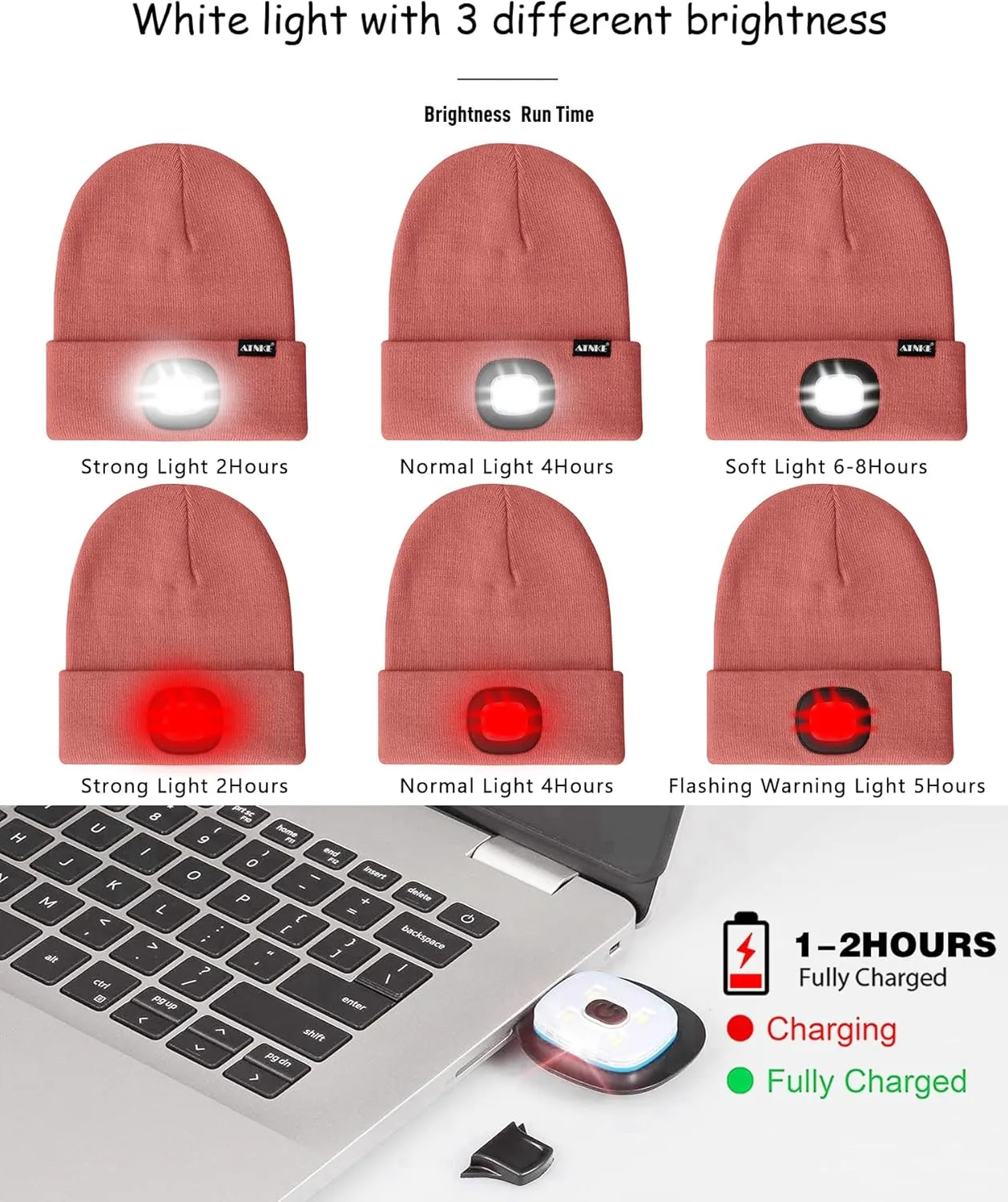 ATNKE LED Lighted Beanie Hat,USB Rechargeable 8 LED Red Glow Flashing Run Headlamp Lined Fleece Cap for Men and Women