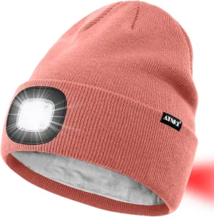 ATNKE LED Lighted Beanie Hat,USB Rechargeable 8 LED Red Glow Flashing Run Headlamp Lined Fleece Cap for Men and Women