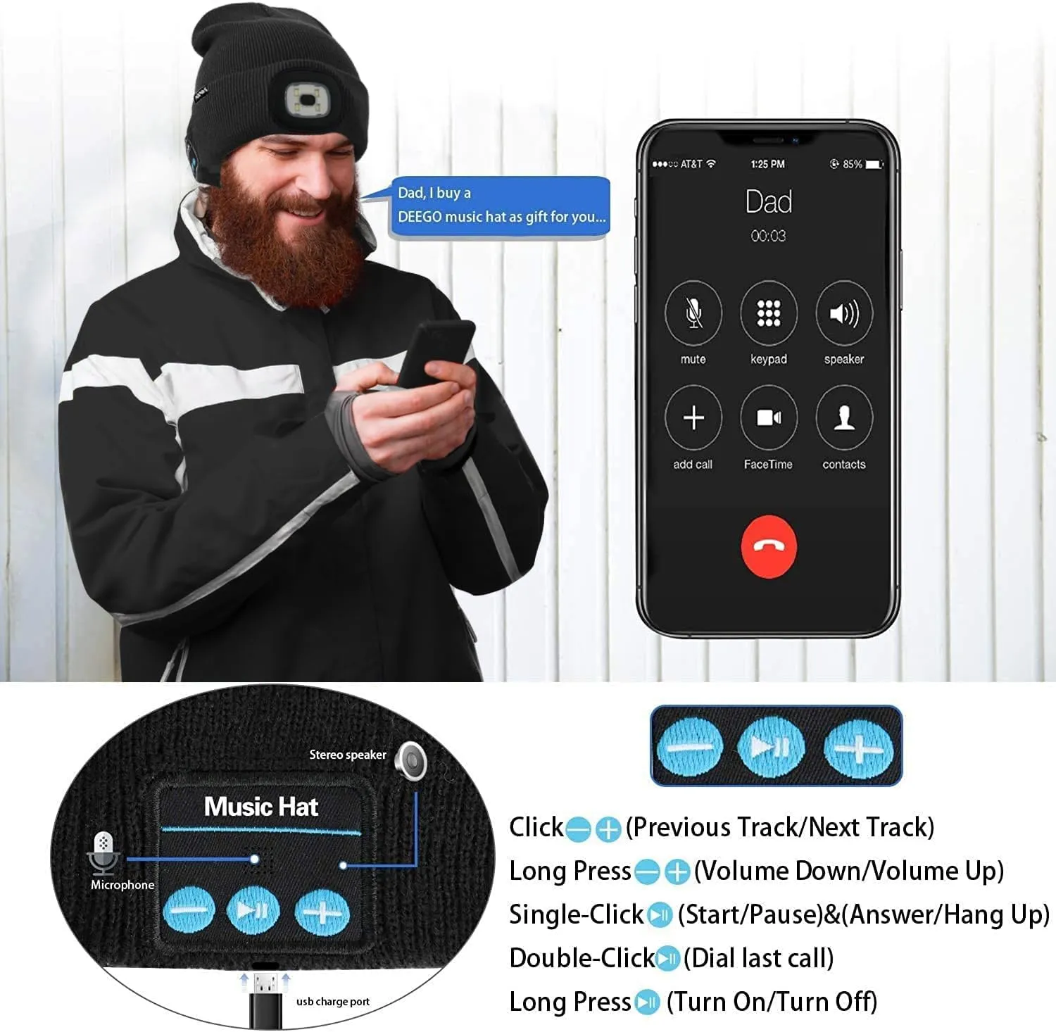 ATNKE LED Lighted Bluetooth Beanie Hat,USB Rechargeable 4 LED Wireless Run Headlamp Lined Fleece Cap for Men and Women