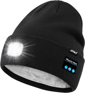 ATNKE LED Lighted Bluetooth Beanie Hat,USB Rechargeable 4 LED Wireless Run Headlamp Lined Fleece Cap for Men and Women