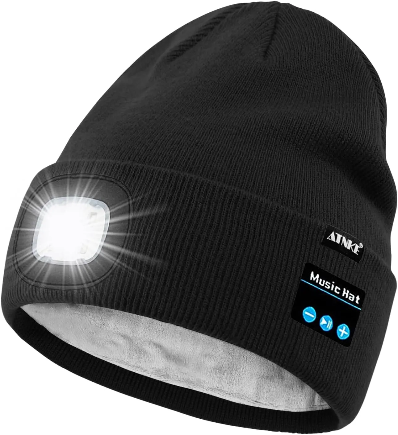 ATNKE LED Lighted Bluetooth Beanie Hat,USB Rechargeable 4 LED Wireless Run Headlamp Lined Fleece Cap for Men and Women
