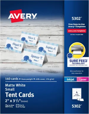 Avery Printable Tent Cards with Sure Feed Technology, 2" x 3.5", White, 160 Blank Place Cards for Laser or Inkjet Printers (5302)
