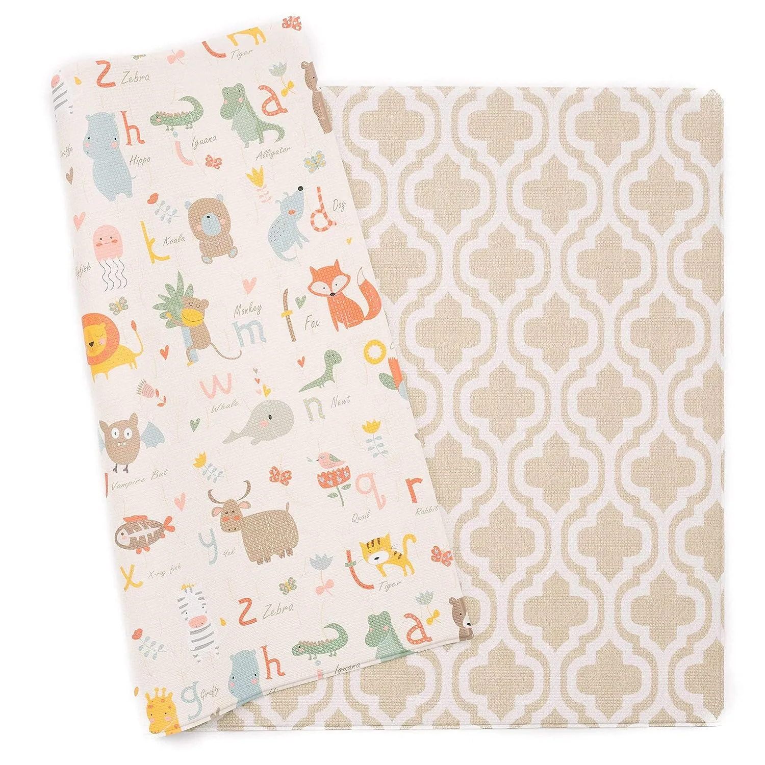 Baby Care Play Mat (Large, Moroccan - Beige) 82'' x 55'' Original One-Piece Reversible Rollable Waterproof Baby Mat, Floor Cushion for Babies 6-12 Months, Infants, Toddlers, and Kids
