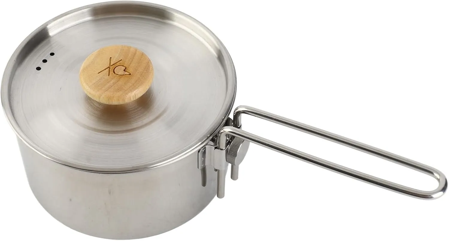 Backpacking Camping Cookware, 1L Mini Picnic Pot Portable Outdoor Cooking Pan Stainless Steel Tea Pot with Lid Folding Handle