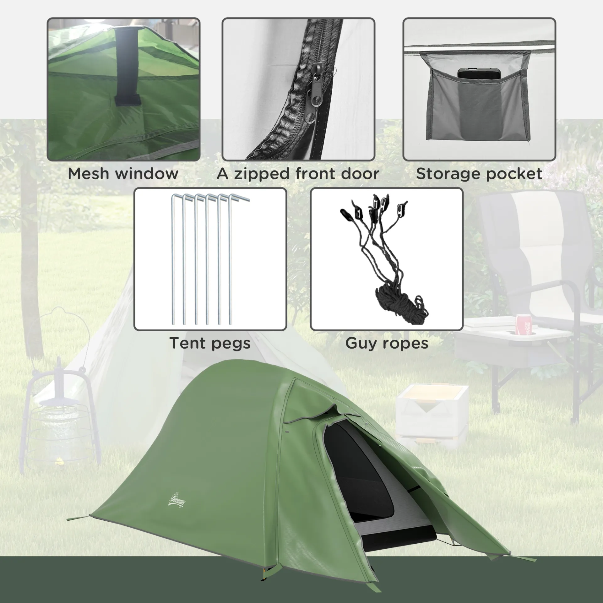 Backpacking Tent for 1-2 Persons, Double Layer, 2000mm Waterproof, Lightweight with Carry Bag, Green | Outsunny