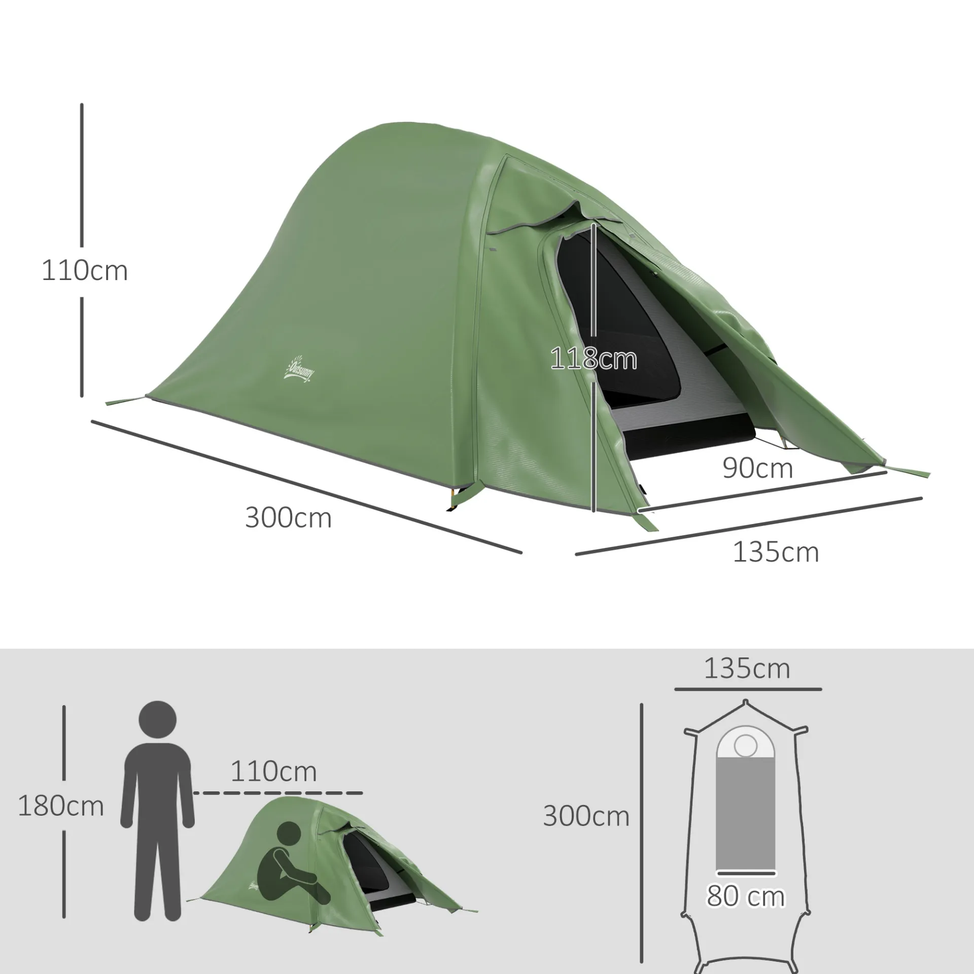 Backpacking Tent for 1-2 Persons, Double Layer, 2000mm Waterproof, Lightweight with Carry Bag, Green | Outsunny