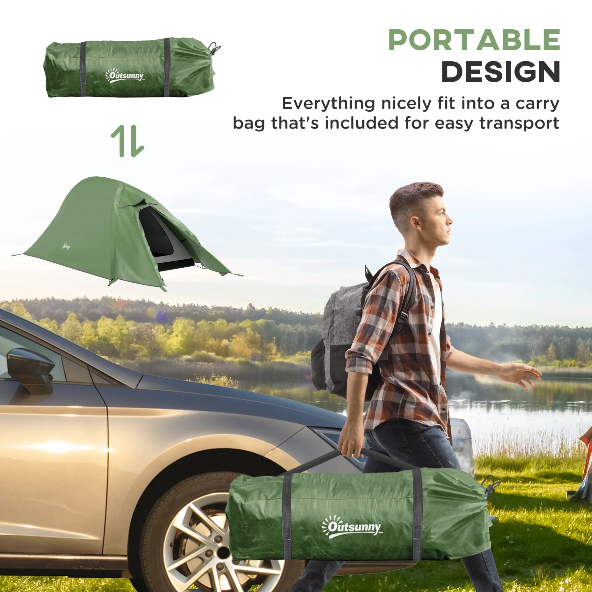 Backpacking Tent for 1-2 Persons, Double Layer, 2000mm Waterproof, Lightweight with Carry Bag, Green | Outsunny
