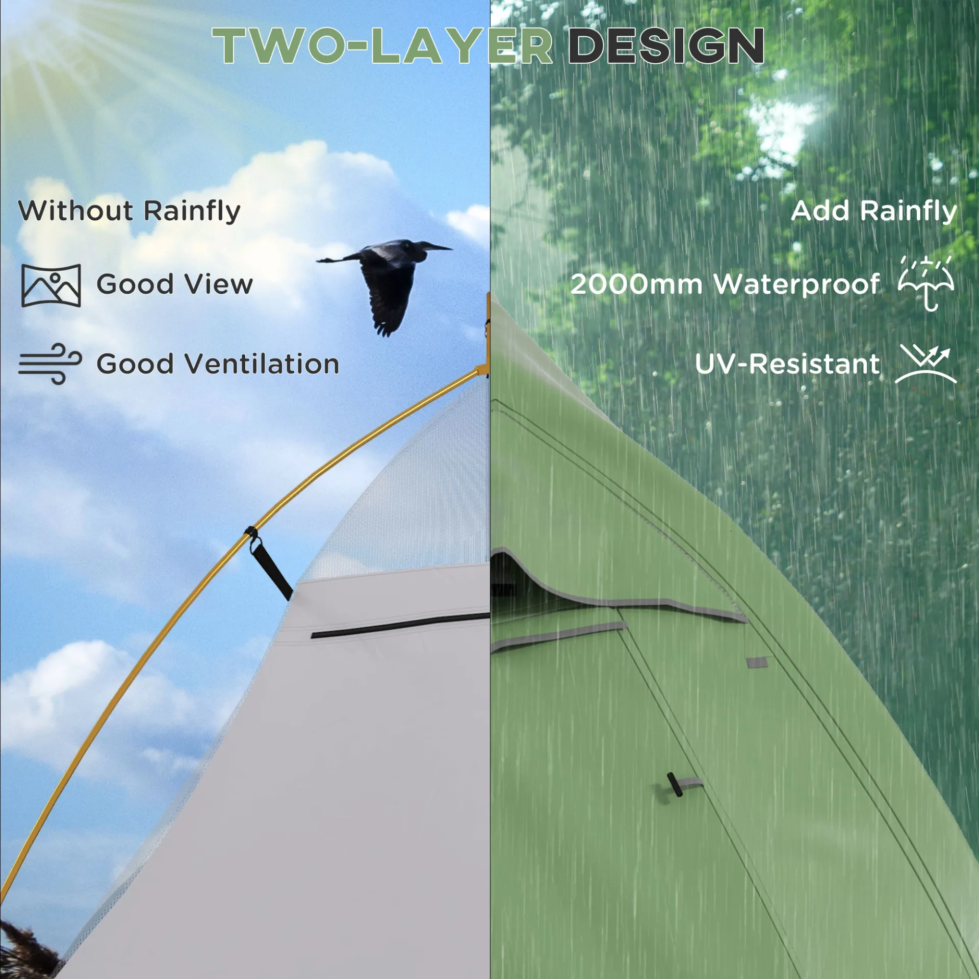 Backpacking Tent for 1-2 Persons, Double Layer, 2000mm Waterproof, Lightweight with Carry Bag, Green | Outsunny