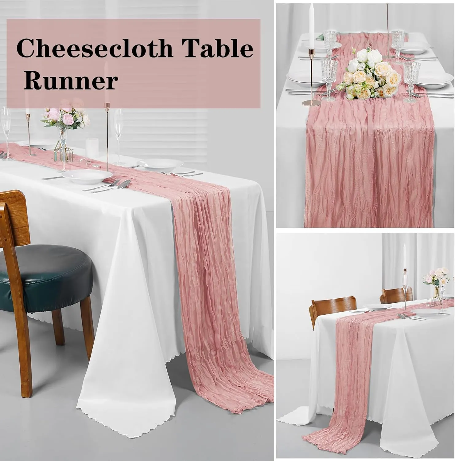 Bailarina 12 Pack Cheesecloth Table Runner 17x108 Inch Long Gauze Cheese Cloth 9ft Wrinkled Sheer Table Runner for Wedding Reception Birthday Party Table Decoration (Dusty Pink)