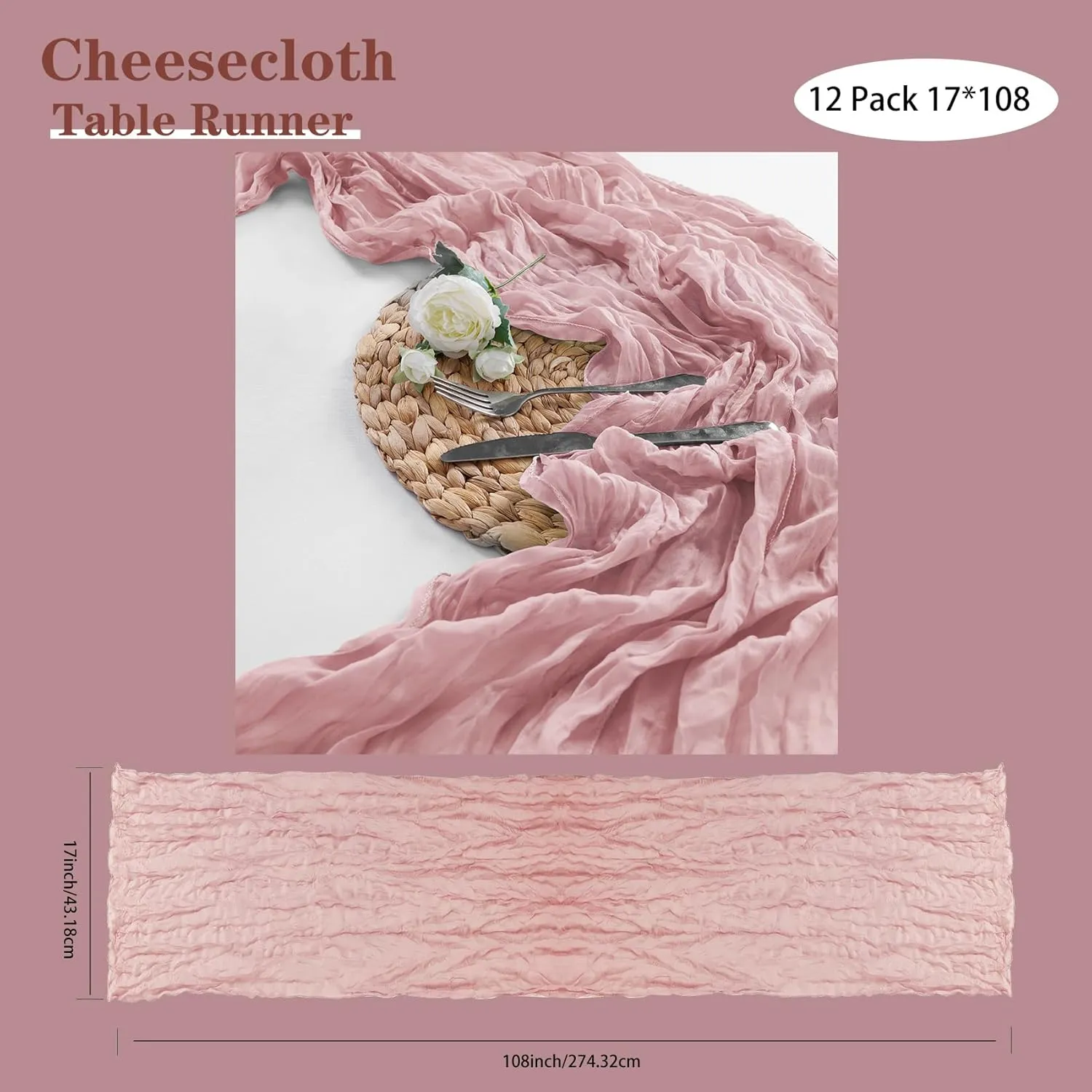 Bailarina 12 Pack Cheesecloth Table Runner 17x108 Inch Long Gauze Cheese Cloth 9ft Wrinkled Sheer Table Runner for Wedding Reception Birthday Party Table Decoration (Dusty Pink)