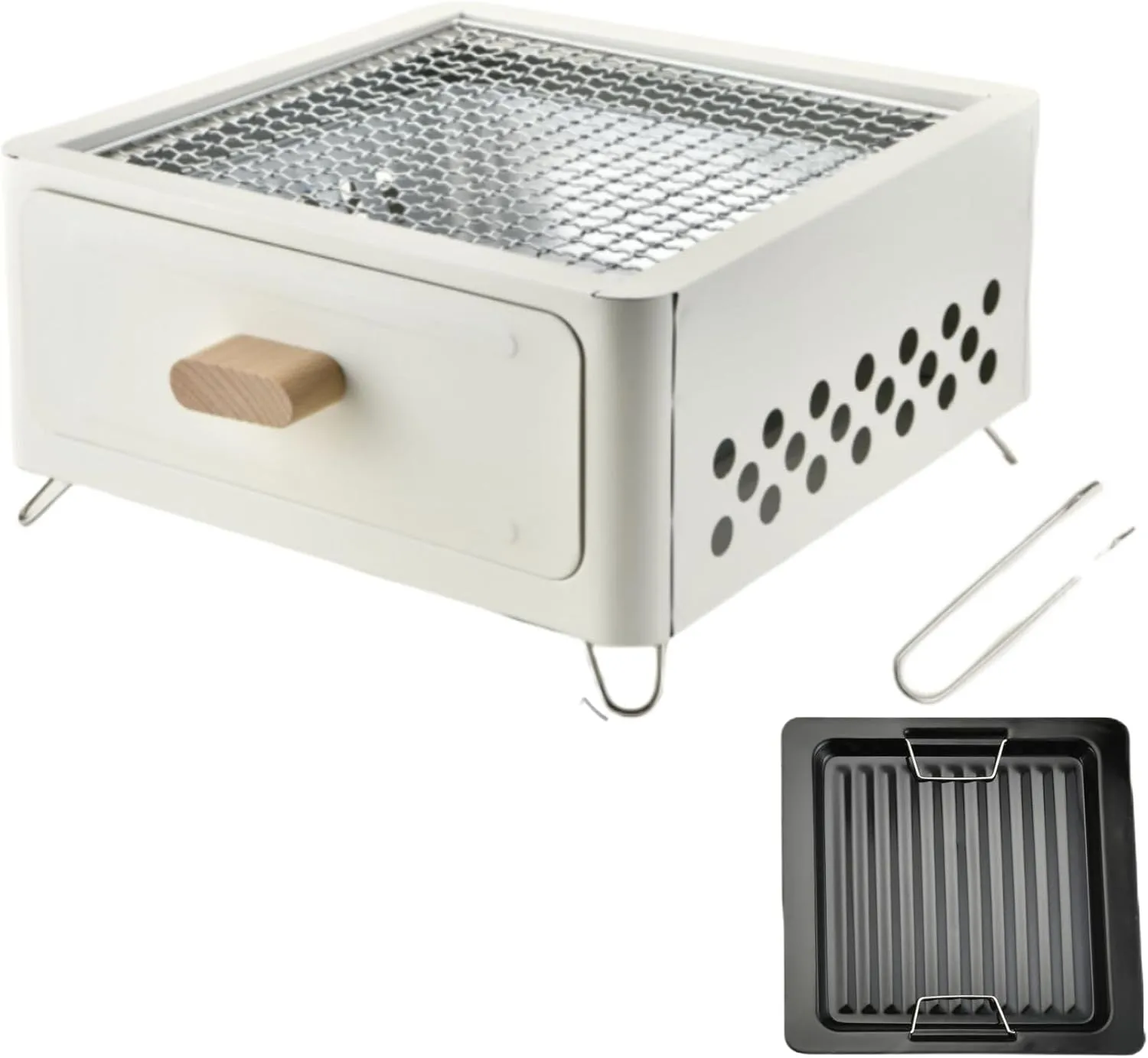 BBQ Grill Portable Wood & Charcoal Burning Camping Stove for Barbecue, Roasting Heavy Duty Steel Cooking Stove (White,With baking tray)