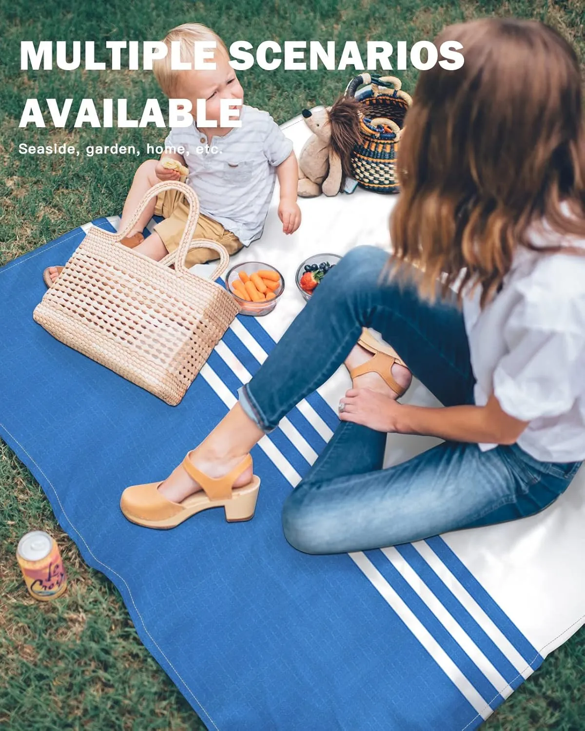 Beach Blanket Blue White Stripes Geometry Sandproof Waterproof Beach Mat Modern Minimalist Sand Free Mat Quick Drying Beach Essentials for Vacation Lightweight with 4 Stakes & Corner Pockets 108"x84"
