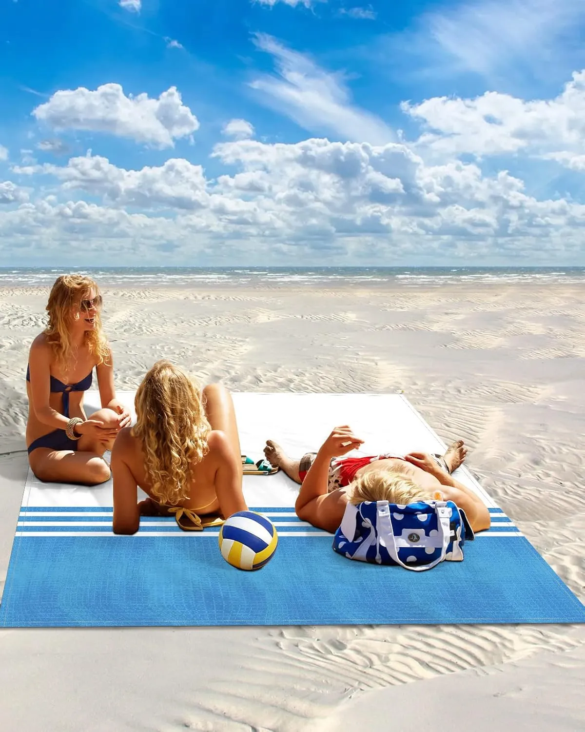 Beach Blanket Blue White Stripes Geometry Sandproof Waterproof Beach Mat Modern Minimalist Sand Free Mat Quick Drying Beach Essentials for Vacation Lightweight with 4 Stakes & Corner Pockets 108"x84"