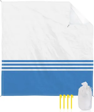 Beach Blanket Blue White Stripes Geometry Sandproof Waterproof Beach Mat Modern Minimalist Sand Free Mat Quick Drying Beach Essentials for Vacation Lightweight with 4 Stakes & Corner Pockets 108"x84"