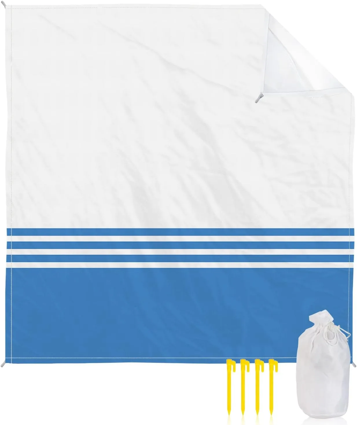 Beach Blanket Blue White Stripes Geometry Sandproof Waterproof Beach Mat Modern Minimalist Sand Free Mat Quick Drying Beach Essentials for Vacation Lightweight with 4 Stakes & Corner Pockets 108"x84"