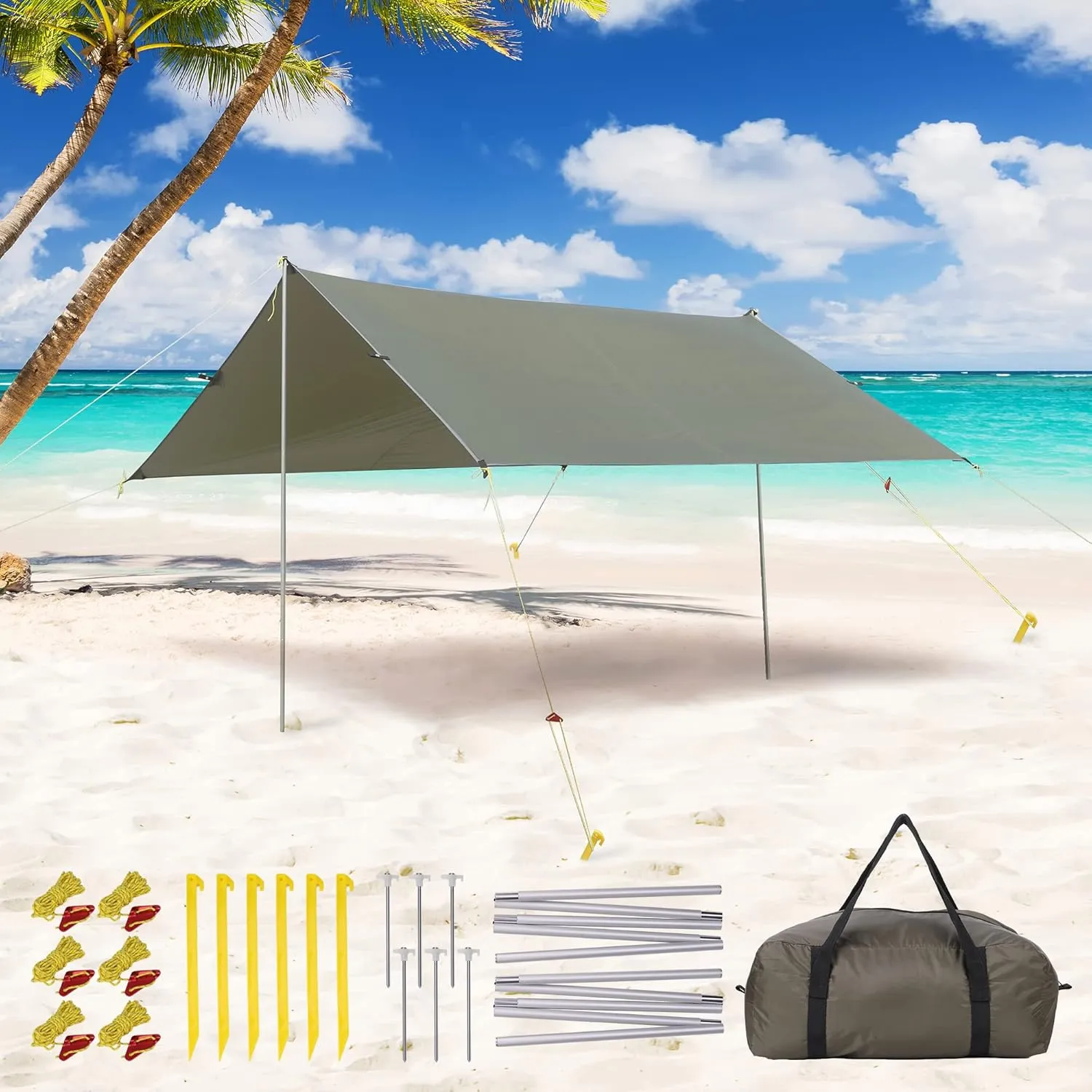 Beach Tent, Sun Shelter with Sand Pegs, Advanced Material, Sturdy Beach Shade Canopy, Portable Carrying Bag, Outdoor Pop Up Beach Umbrella for Camping and Picnics, 320 * 280cm