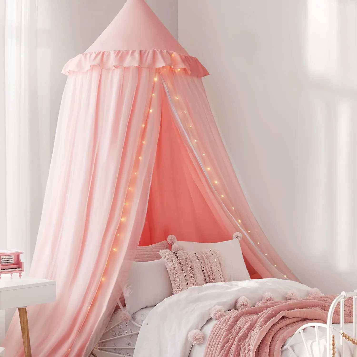 Bed Canopy Drapes, Double Layer Canopies Netting Tent for Bed, Princess Fairy Bed Canopy with String Lights for Girls, Adults, Canopy Bed Curtains Mosquito Net, Pink, 27''x108''