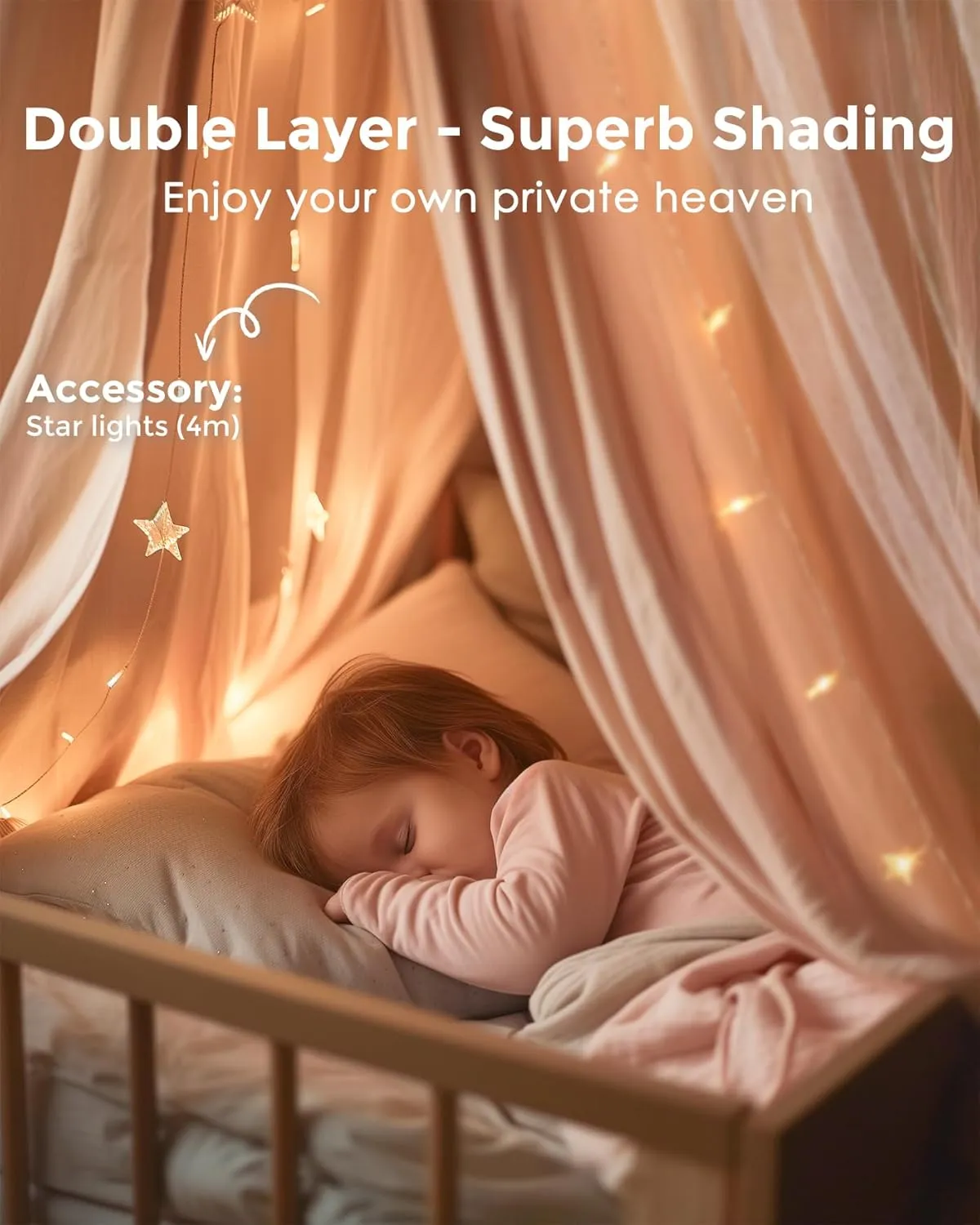 Bed Canopy with Star Lights, Double Layer Canopy for Bed, Princess Play Tent for Girls Room, Breathable Canopy Bed Curtain for Children Reading Nook, Machine Washable Canopy, 25.6''x106'', Pink