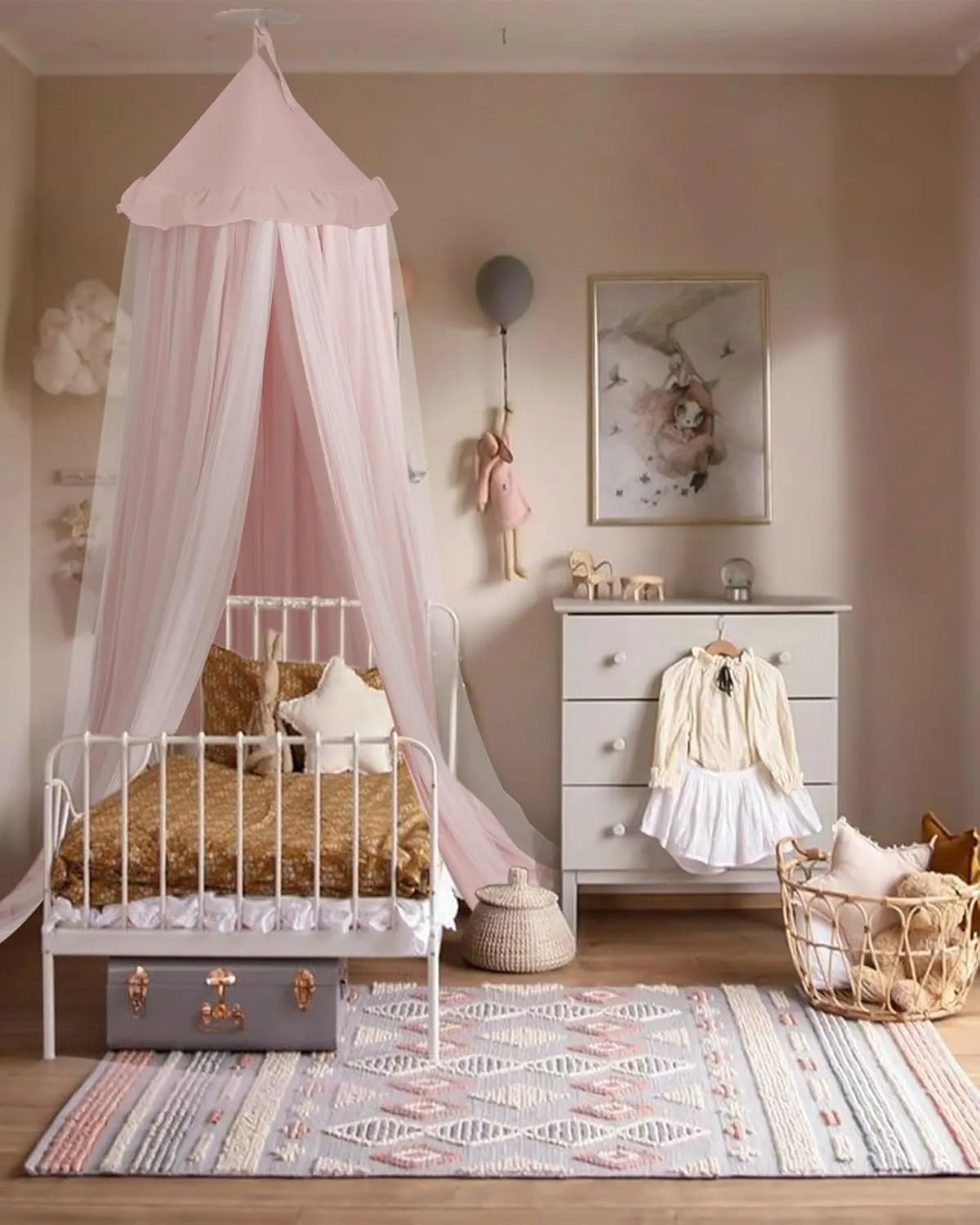 Bed Canopy with Star Lights, Double Layer Canopy for Bed, Princess Play Tent for Girls Room, Breathable Canopy Bed Curtain for Children Reading Nook, Machine Washable Canopy, 25.6''x106'', Pink