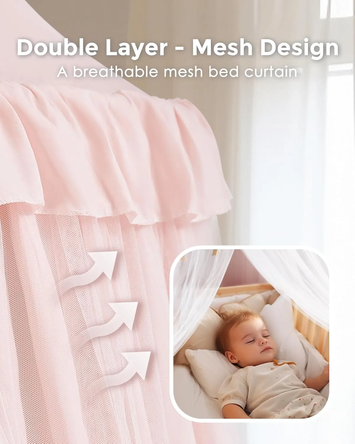 Bed Canopy with Star Lights, Double Layer Canopy for Bed, Princess Play Tent for Girls Room, Breathable Canopy Bed Curtain for Children Reading Nook, Machine Washable Canopy, 25.6''x106'', Pink