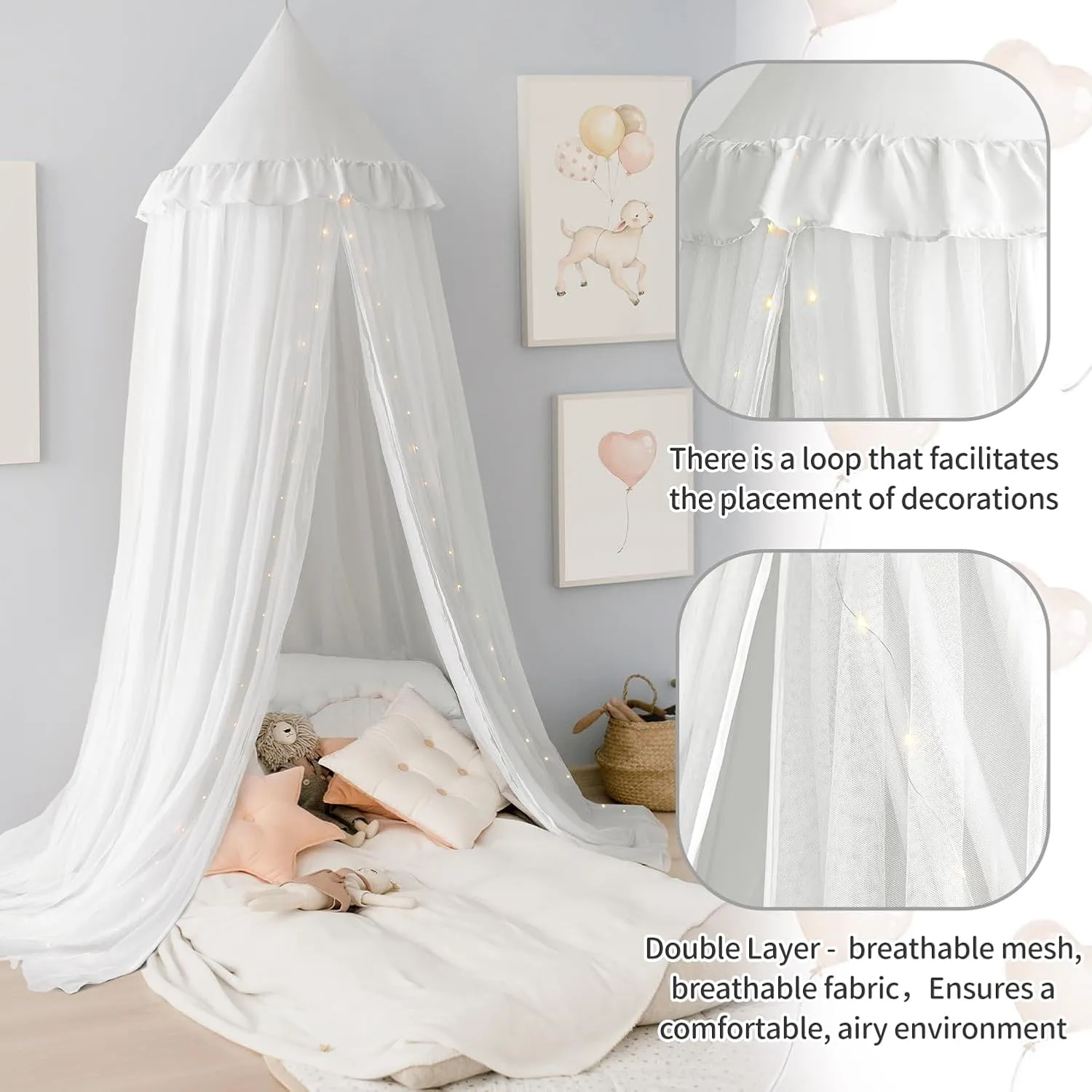 Bed Canopy with String Light, Double Layer Mosquito Net Bed Canopies White Princes Fairy Canopy Tent for Girls, Adults, Hanging Bed Tent Drapes Bed Curtains Reading Nook, 27''x108''