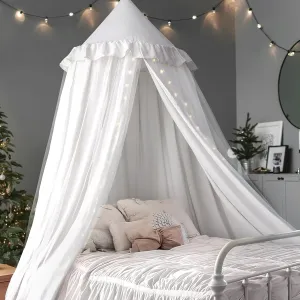 Bed Canopy with String Light, Double Layer Mosquito Net Bed Canopies White Princes Fairy Canopy Tent for Girls, Adults, Hanging Bed Tent Drapes Bed Curtains Reading Nook, 27''x108''