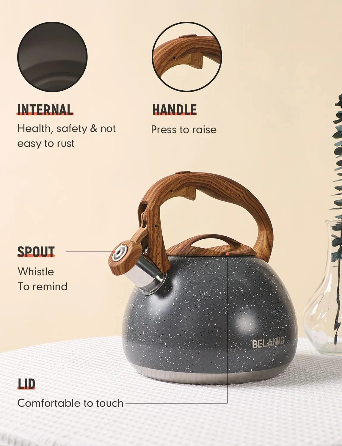 BELANKO 2.7 Quart Tea Kettle for Stovetops - Food Grade Stainless Steel Teapot with Loud Whistle, Cool-Touch Wood Pattern Handle, Rust-Resistant Whistling Kettle - Starry Gray