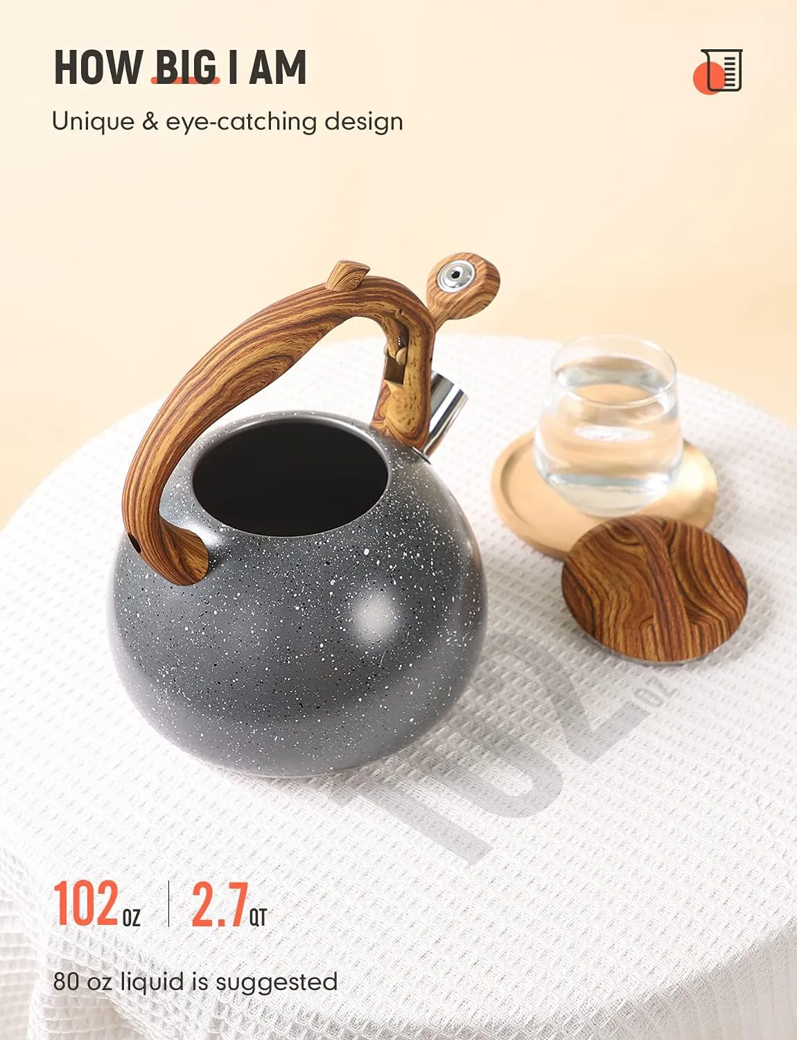 BELANKO 2.7 Quart Tea Kettle for Stovetops - Food Grade Stainless Steel Teapot with Loud Whistle, Cool-Touch Wood Pattern Handle, Rust-Resistant Whistling Kettle - Starry Gray