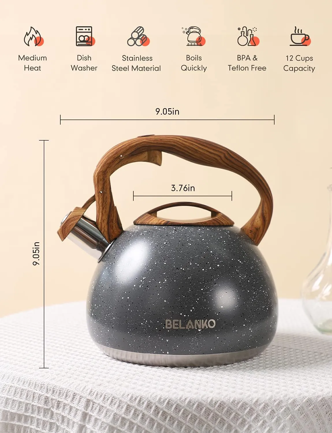 BELANKO 2.7 Quart Tea Kettle for Stovetops - Food Grade Stainless Steel Teapot with Loud Whistle, Cool-Touch Wood Pattern Handle, Rust-Resistant Whistling Kettle - Starry Gray