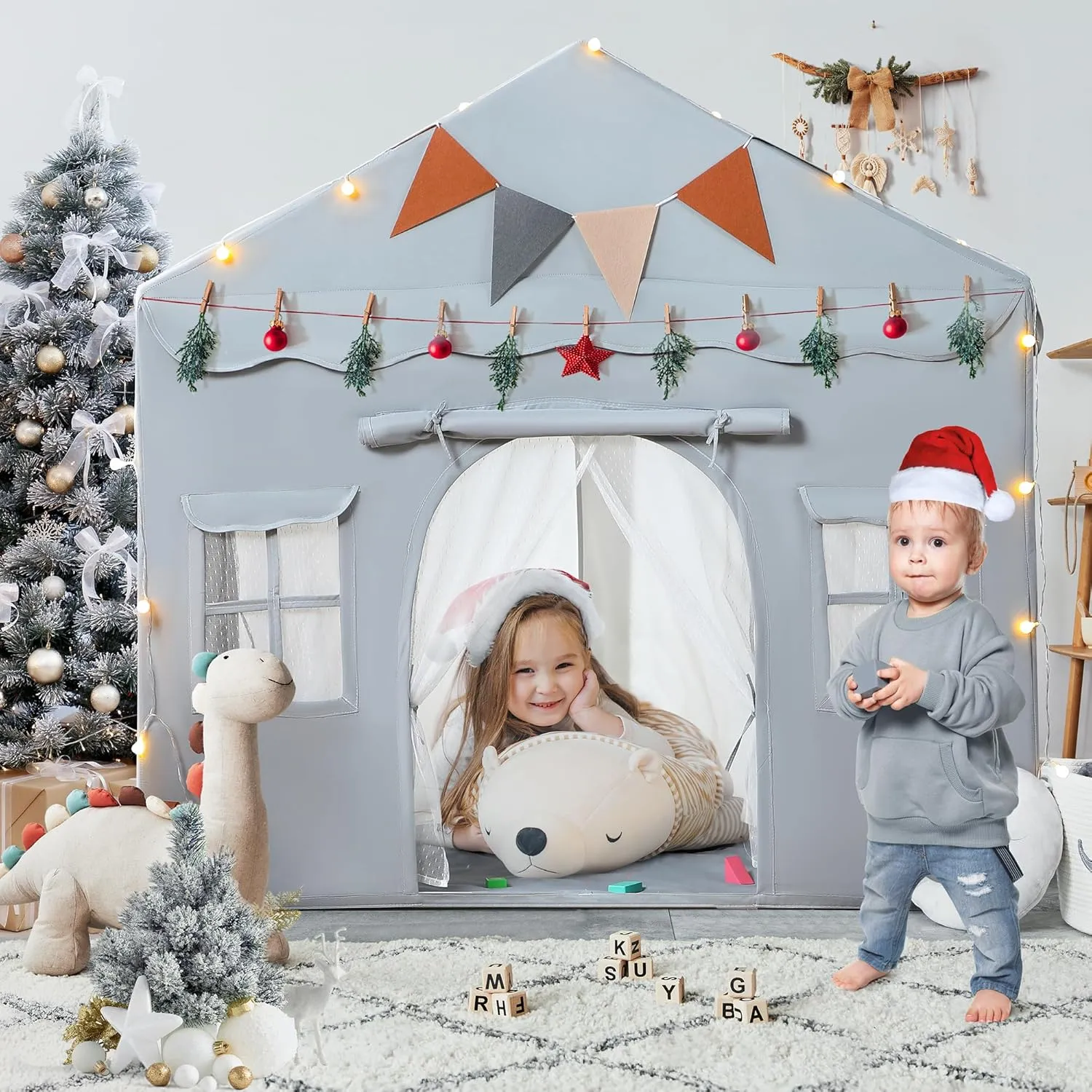 Besrey 2-in-1 Kids Playhouse with Padded Mat and Lights, Large Play Tent with 2 Doors & 4 Windows, Indoor & Outdoor, Toddler Tent, 51" x 35" x 51" (Gray)
