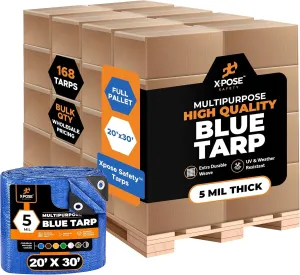 Better Blue Poly Tarp 20' x 30' - Full Pallet (168 Pack) (Cut Size) Multipurpose Protective Cover - Lightweight, Durable, Waterproof, Weather Proof - 5 Mil Thick Polyethylene - by Xpose Safety