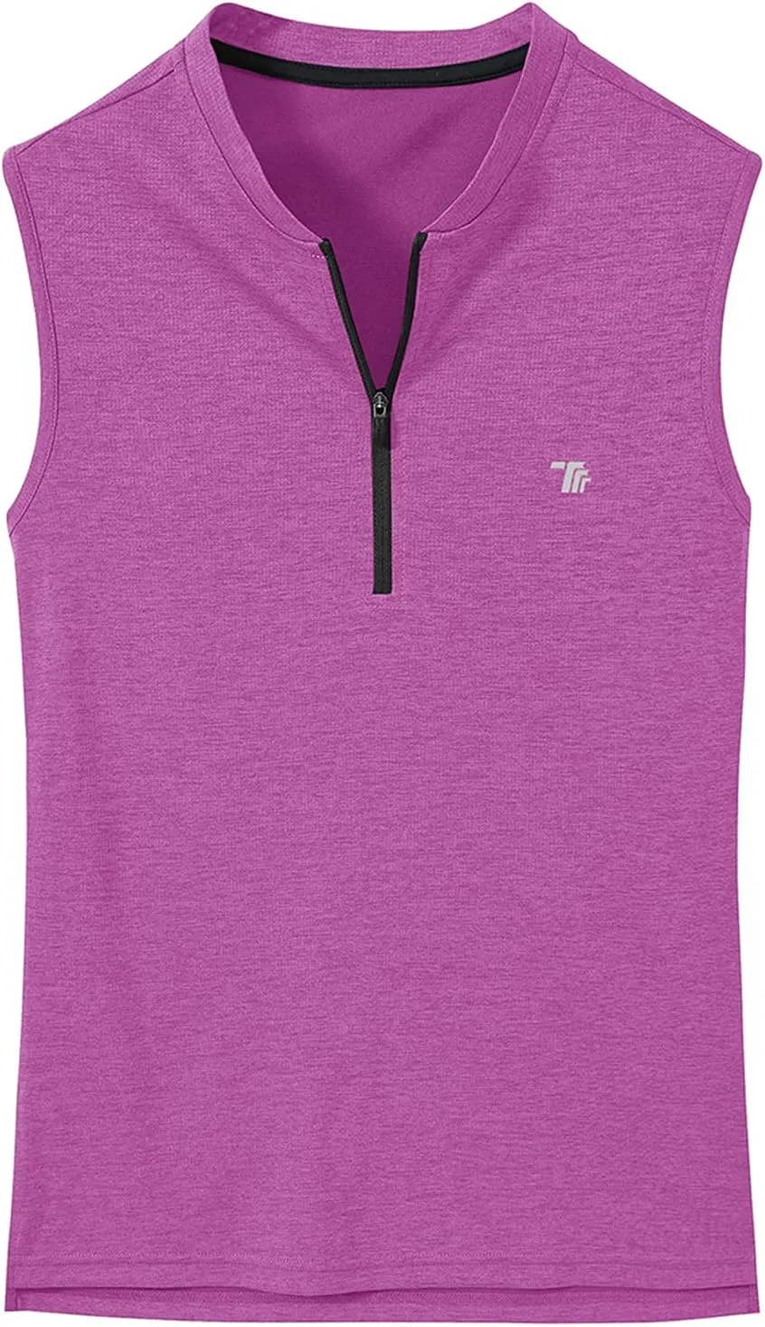 BGOWATU Women's Golf Polo Shirts Sleeveless Zip Up Collarless UPF 50  Tennis T-Shirt Lightweight Quick Dry