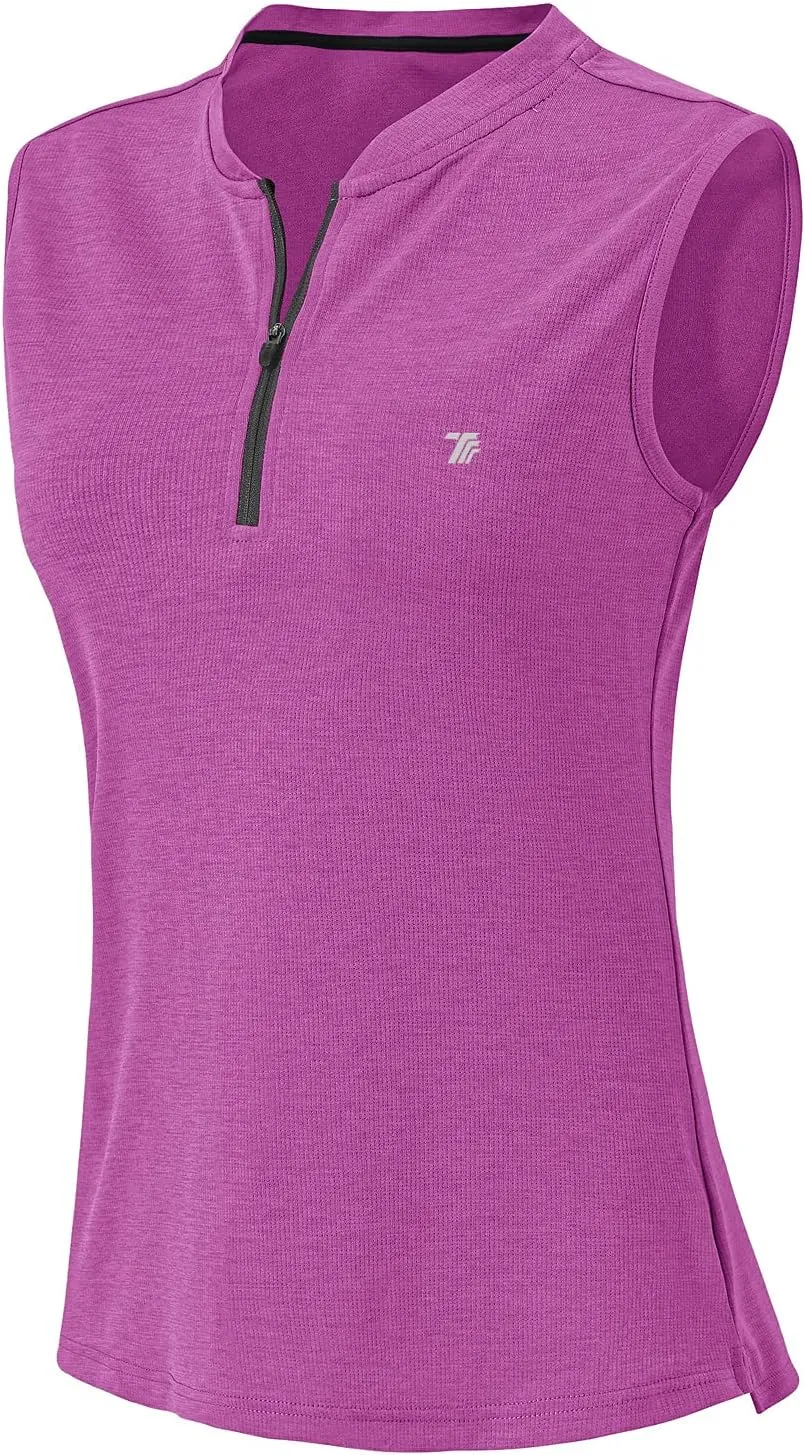 BGOWATU Women's Golf Polo Shirts Sleeveless Zip Up Collarless UPF 50  Tennis T-Shirt Lightweight Quick Dry