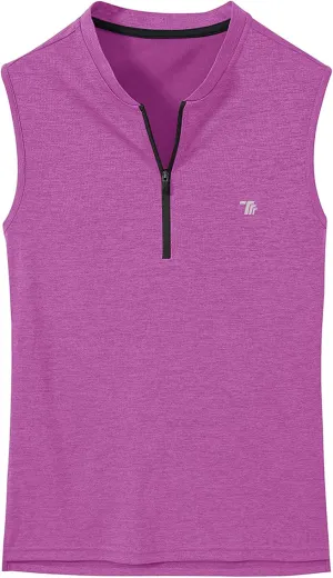 BGOWATU Women's Golf Polo Shirts Sleeveless Zip Up Collarless UPF 50  Tennis T-Shirt Lightweight Quick Dry