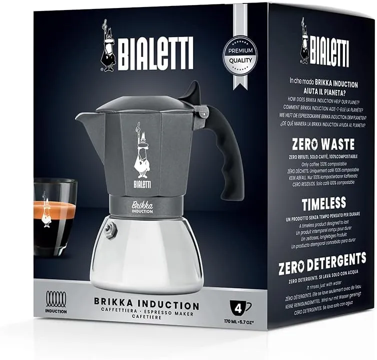 Bialetti Brikka Induction Coffee Maker, 4 Cup (170ml), Espresso Bar Style, Suitable for All Types of Cookers, Stylish Design, Silver