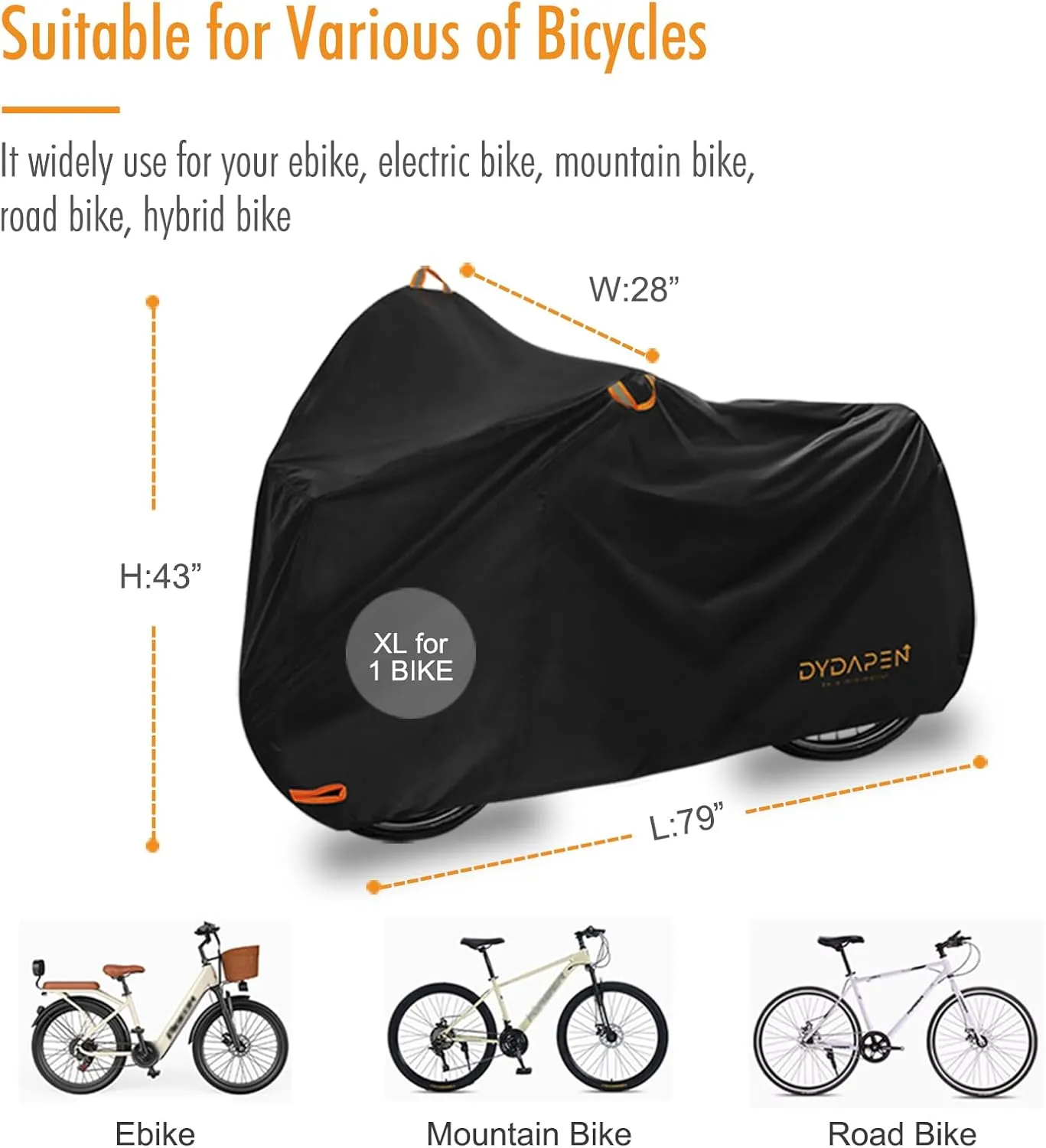 Bike Cover, DYDAPEN Bicycle Covers Outdoor Storage Waterproof Protect from Rain Dust UV, 420D Heavy Duty Bike Coves for Ebike Electric Bike Mountain Road Bike (XL for 1 Bike)