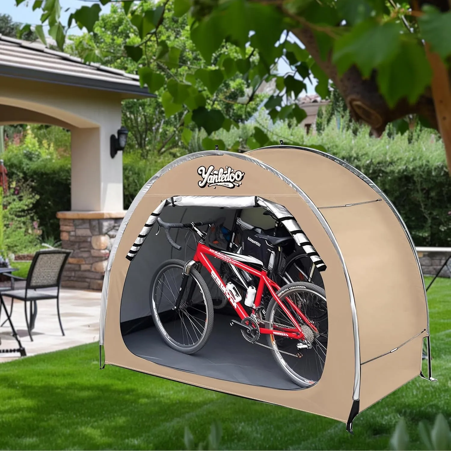 Bike Shed, Outdoor Portable Bike Storage Shed Tent, Bike Tent, Waterproof Bicycle Shelter with 210D Oxford Fabric, Bicycle Cover Fits 2-3 Bikes (Beige)