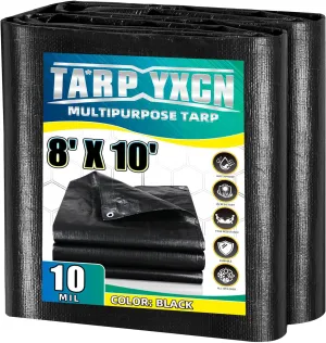 Black Tarp 8x10 Feet, 10 Mil Thick Waterproof Poly Tarps Cover UV Resistant, Rip & Tear Proof with Metal Grommets Every 20 Inches