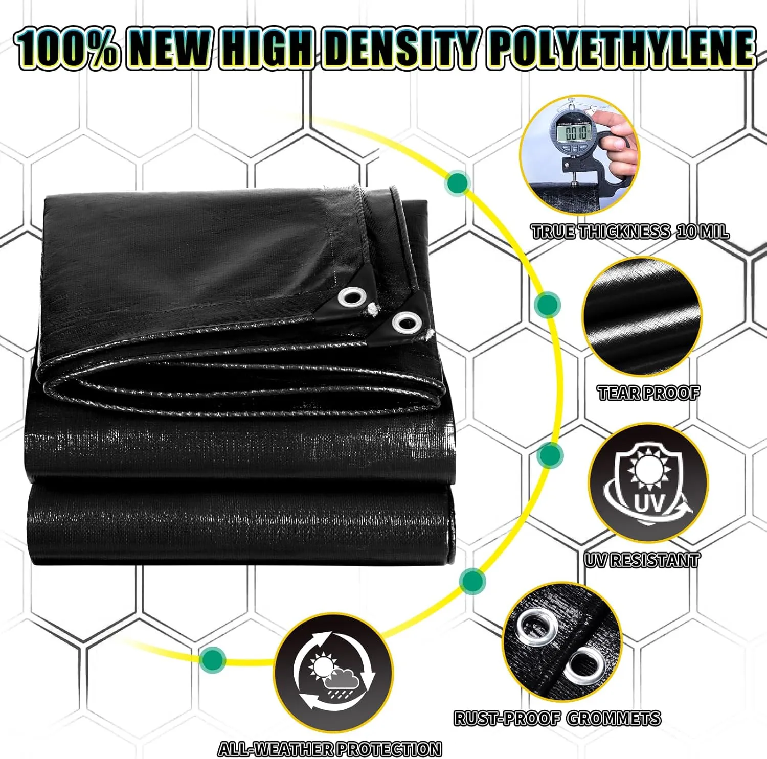 Black Tarp 8x10 Feet, 10 Mil Thick Waterproof Poly Tarps Cover UV Resistant, Rip & Tear Proof with Metal Grommets Every 20 Inches