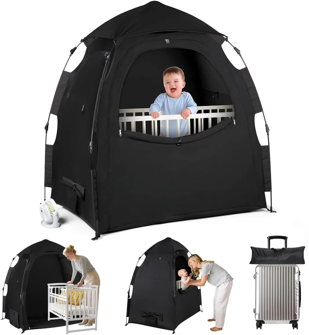 Blackout Tent for Pack N Play - 1-Click Setup Portable Sleep Pod - Pack N Play Blackout Cover with Monitor Pouch & 2 Fan Pouch, Black Out Tent Blocks 95% Light