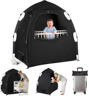 Blackout Tent for Pack N Play - 1-Click Setup Portable Sleep Pod - Pack N Play Blackout Cover with Monitor Pouch & 2 Fan Pouch, Black Out Tent Blocks 95% Light