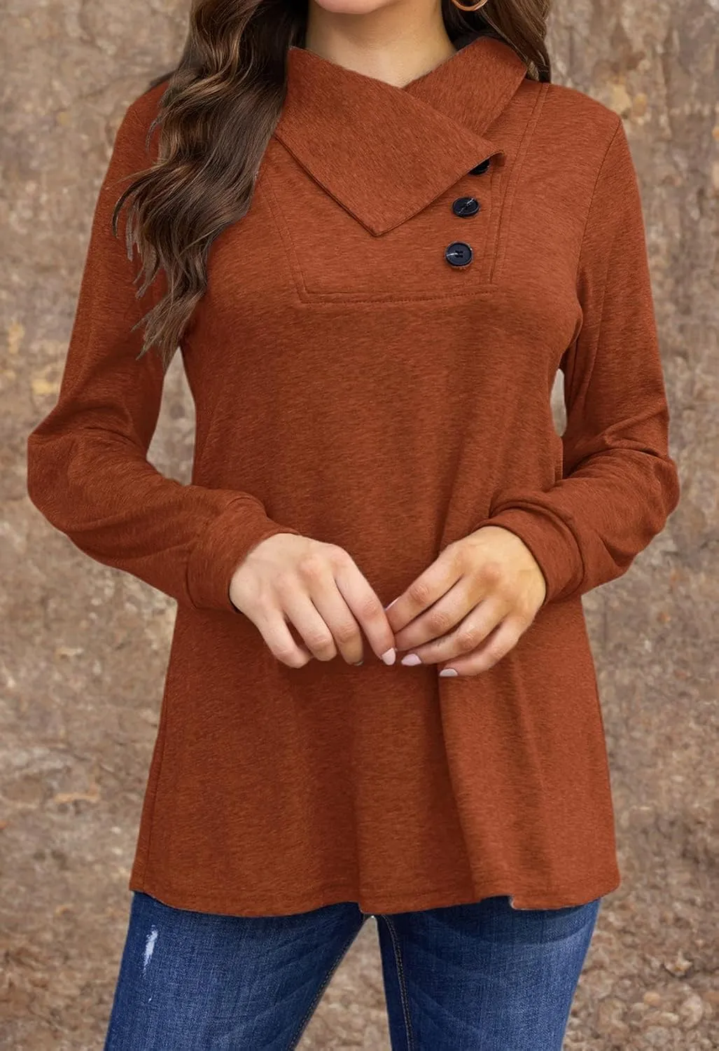 Bluetime Women's Fall Long Sleeve Cowl Neck Button Tunic Tops Lightweight Sweatshirts